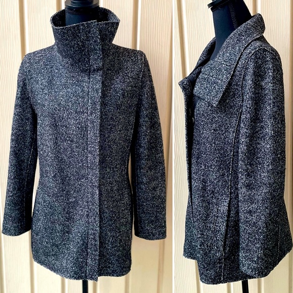 Ann Taylor Jackets & Blazers - Ann Taylor Petite • Wool Blend Coat Black Gray Funnel Neck Zip Up Mid Length